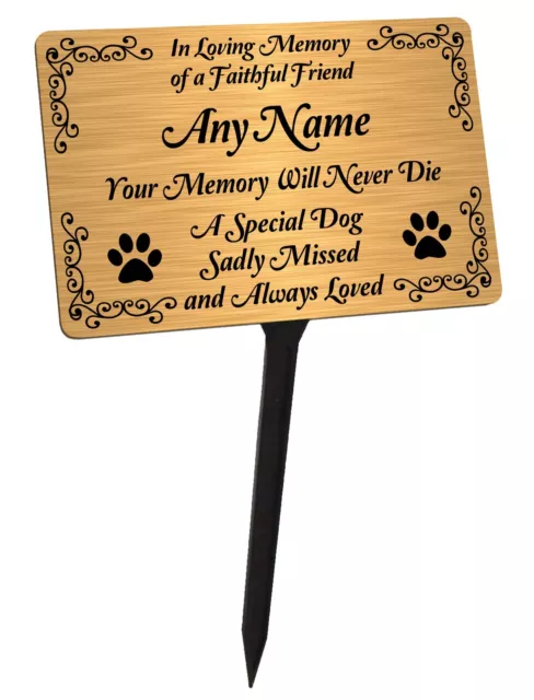 Personalised Dog Memorial Plaque & Stake. Brushed Gold Waterproof garden grave