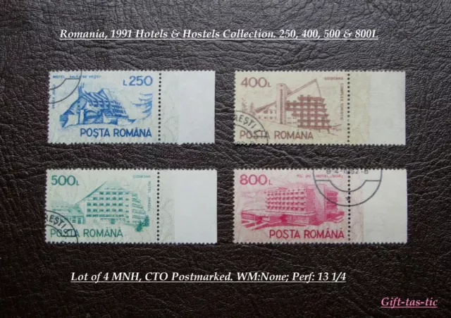 *Lot of 4 Romanian CTO Stamps, featuring the Hotels & Hostels Collection, 1991*