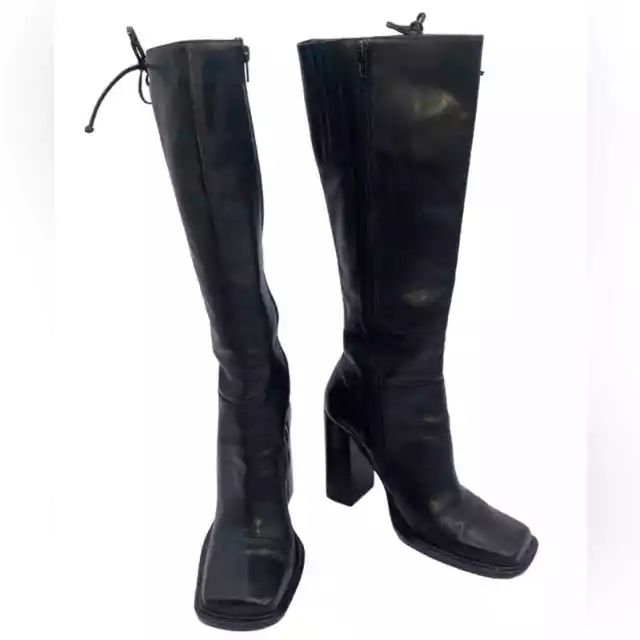 VINTAGE 90S ALDO Black Leather Mid Calf Square Toe Heeled Boots & Lace ...