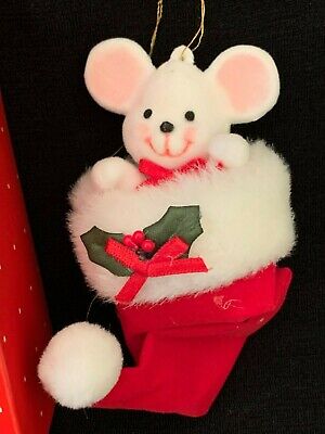 Vintage 1980’s Avon Flocked Peek A Boo Mouse Christmas Tree Ornament Fuzzy