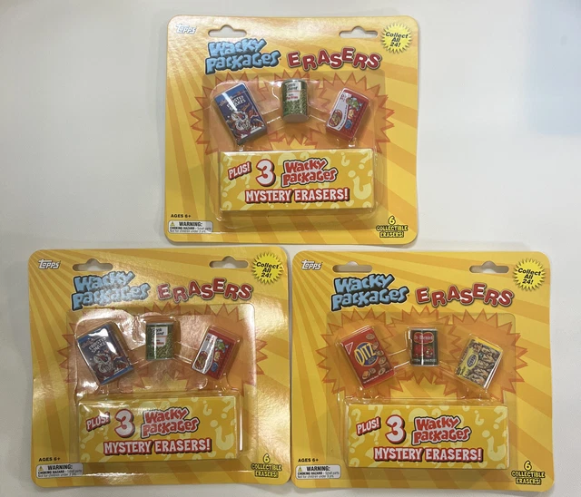Lot Of 3  Topps Wacky Packages Erasers Blister Pack   6 Erasers Per Pack
