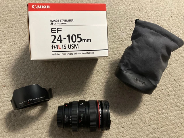 Canon EF 24-105mm f/4 L IS USM zoom camera lens orig. box, hood, caps Near Mint