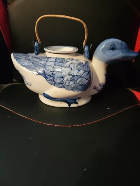 Vintage Hand Painted Blue And White Duck Teapot Metal Handle- Made In China