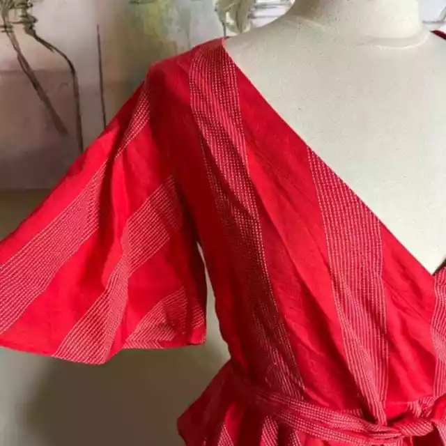 LOFT wrap top size small red pinstripe tie front peplum shirt v-neck 3
