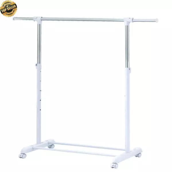 Heavy Clothes Hanger Adjustable Height Rolling Garment Rack Metal Chrome, White.