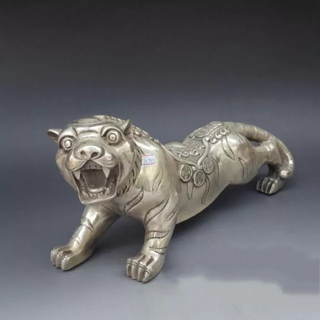 13" Old China FengShui Silver  Auspicious Carved Wealth Money Coin Tiger Statue 2