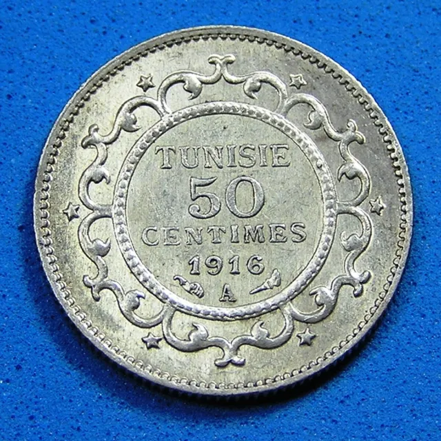 Tunisia 50 Centimes .835 Silver Coin, 1916-A AH-1335 UNC, Muhammad al-Nasir