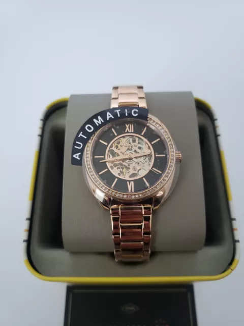 Fossil Women's Vale Automatic Rose Gold Black Stainless Steel Watch NIB BQ3728