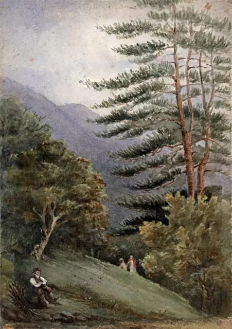 FIGURES IN MOUNTAIN LANDSCAPE Antique Watercolour Painting 19TH CENTURY