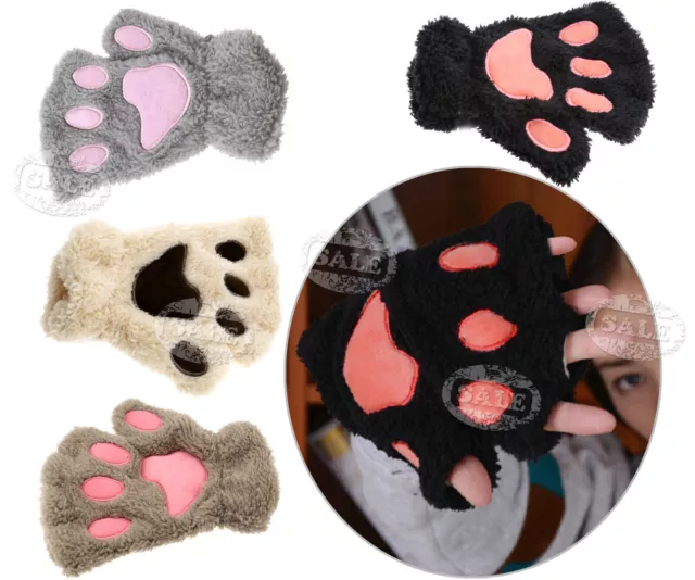 New Women Girl Fingerless Gloves Cat Claw Paw Winter Warm Soft Plush Half Finger