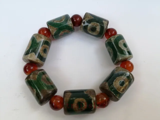 Collection Old Chinese Natural Agate Carved 3 eye Bead Bracelet Hand Chain