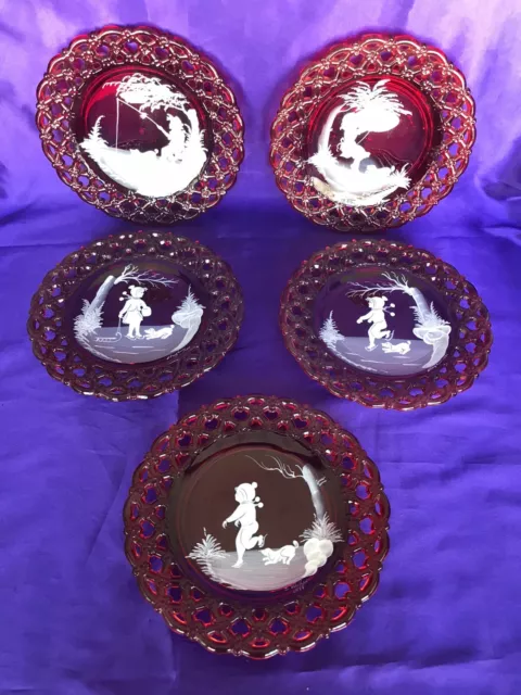 Five Westmoreland Ruby Red Mary Gregory Glass Plate Set