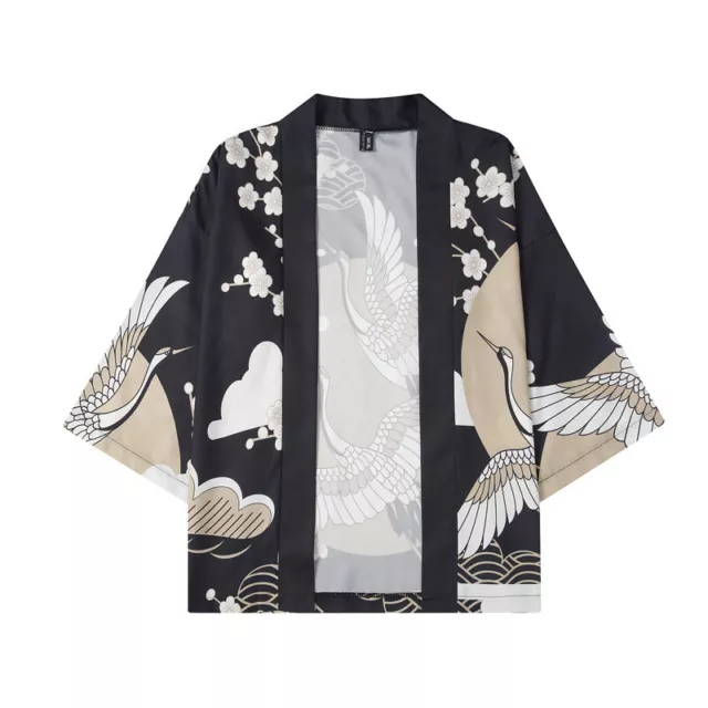 Uomo Giapponese Kimono Yukata Cappotto Crane Stampa Cardigan Giacca Ukiyoe Larga