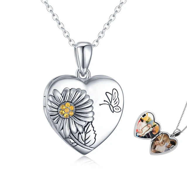 925 Sterling Silver Celtic Tree of Life Sunflower Photo Heart Locket Pendant Nec