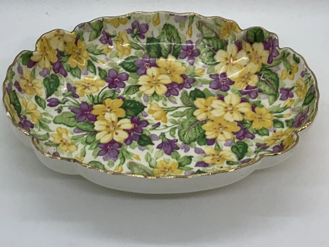 VTG James Kent Chintz Bon Bon Oval Fluted Dish Primula Pattern Longton England