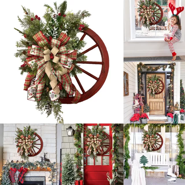 Christmas Red Wheel Wreath Front Door Xmas Garlands With Ribbons