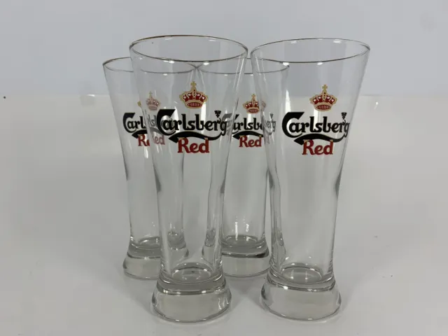 LOT OF 4 - Carlsberg Red 1/2 Beer Lager Glasses Red Graphics & Gold Rims