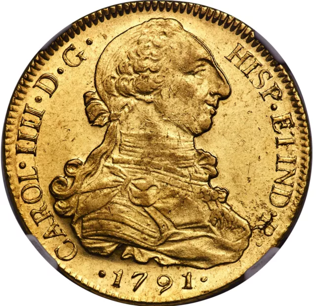 Chile Charles IV Gold 8 Escudos 1791 So DA NGC AU-58, Santiago Mint!