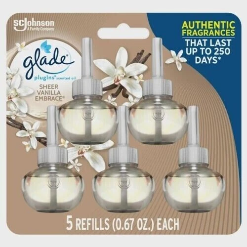 Glade PlugIns Scented Oil 5 Refills, Air Freshener, Sheer Vanilla Embrace, 5 x 1