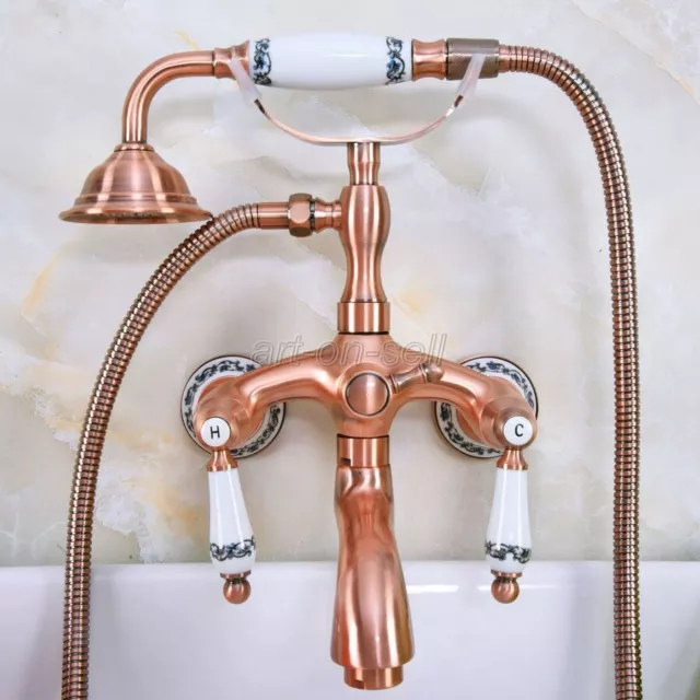 Red Copper Wall Mount Bathroom Clawfoot Bath Tub Faucet Filler w/ Hand Shower
