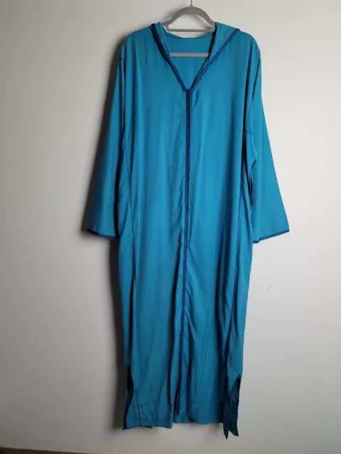 Womens Blue Moroccan Maxi Dress Djelleba Abaya Kaftan Hooded