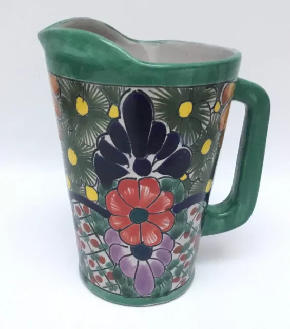 Talavera Mexico Pottery Pitcher Signed Green Floral 8 1/2”