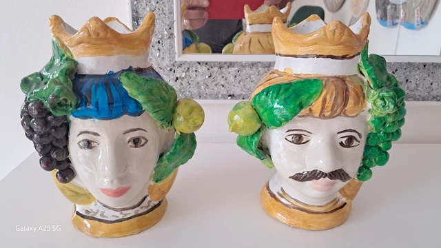 Coppia Teste Di Moro In Ceramica Di Caltagirone, 16x25 Cm - Vaso Decorativo Siciliano, Regalo Tradizionale