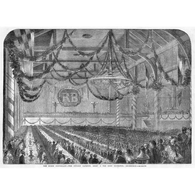 EDINBURGH Robert Burns Centenary Banquet in the Corn Exchange-Antique Print 1859