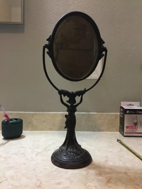 Antique Victorian Lady Ornate Cast Iron Vanity Shaving Beveled Mirror