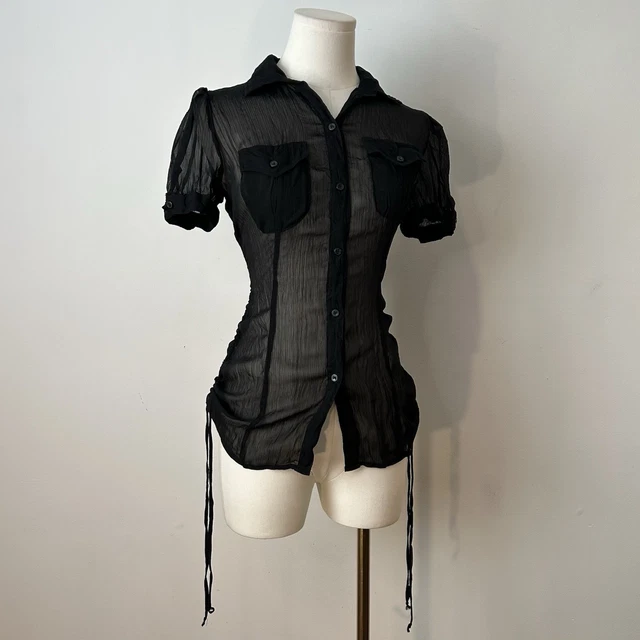 Y2K Sheer Black Puff Sleeve Scrunch Top Alt Grunge Fairy Goth 34-36 Inch Bust Y2K Sheer Black Puff Sleeve Scrunch Top Alt Grunge Fairy Goth 34-36 Inch Bust