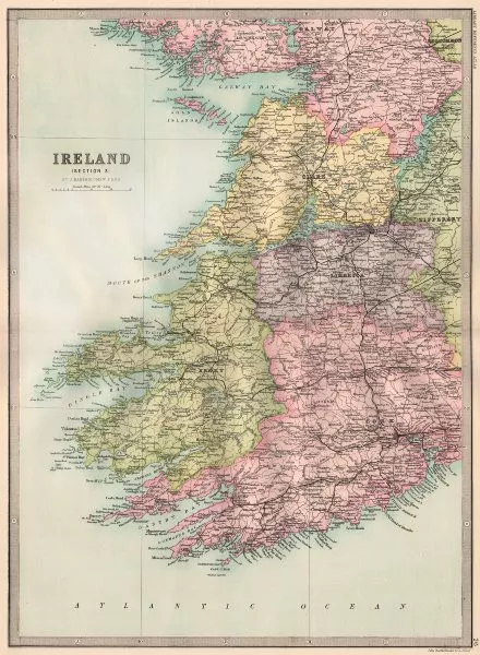 IRELAND SOUTH WEST. Cork Kerry Limerick Clare. BARTHOLOMEW 1890 old map
