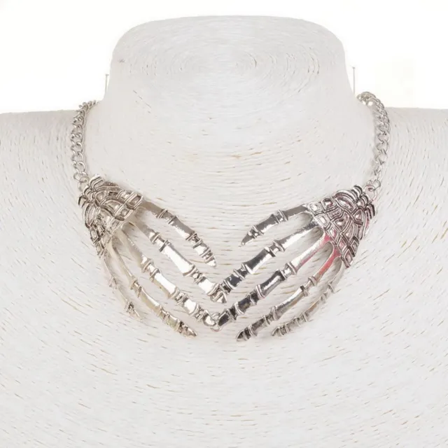 Vintage Damen Charm Totenkopf Skelett Hand Statement Halskette Antik Silber