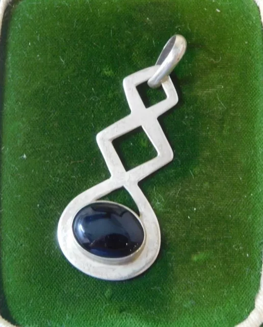 Rétro Vintage 80's Argent Sterling 925 Onyx Noir Pierre Géométrique Pendentif 8b