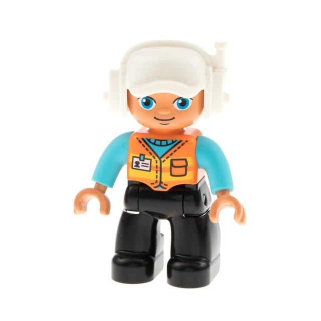 1x Lego Duplo Figurine Man Noir Gilet de Sécurité Orange Jaune Casque 47394pb288