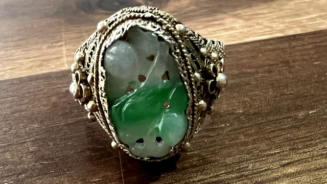 Antique Chinese Apple Jade Ring 800 Silver Gold Filigree Size 7.5