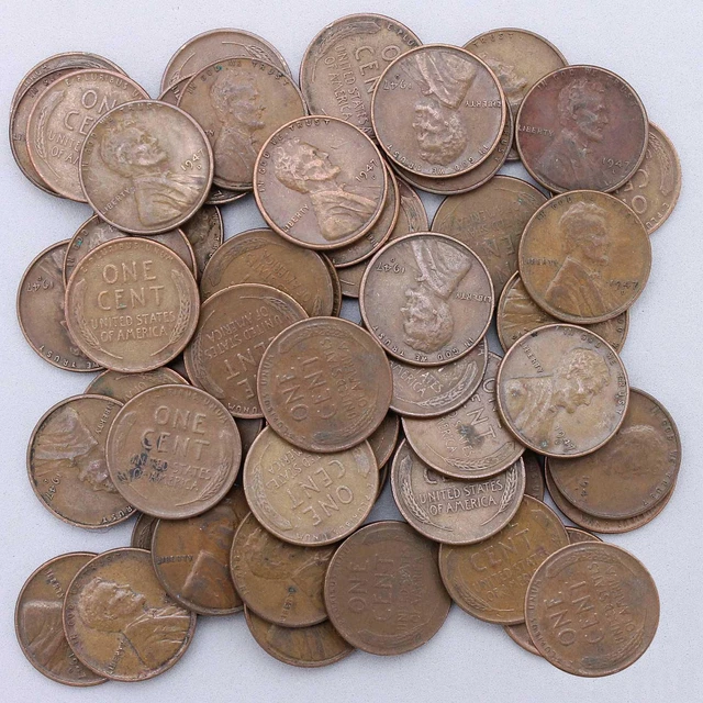 1947 D Lincoln Wheat Cent Roll 50 Circulated Pennies US Coins