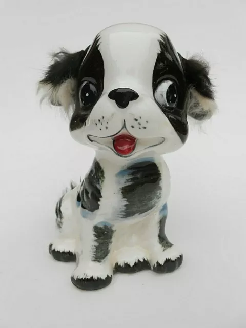 Vintage Ries Ceramic Puppy Dog Figurine w/ Applied Fur Made in Japan
