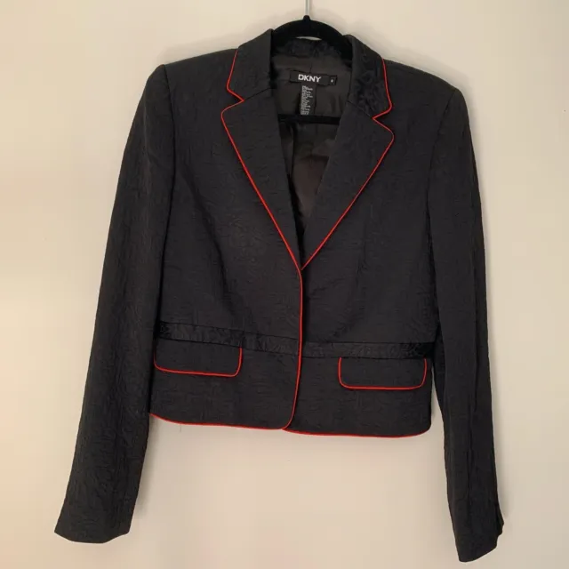 DKNY Blazer Women’s 8 Black Textured Red Trim Coat PP 19” L 21” A 25.5”