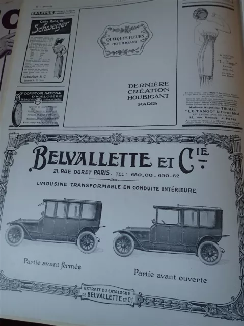 BELVALLETTE automobile + parfum HOUBIGANT publicité papier ILLUSTRATION 1913 col