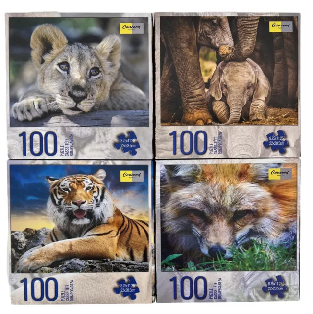 Lot 4 100 Piece Jigsaw Puzzles Tiger Fox Lion Elephant Animals Kids Children