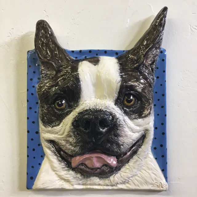 Boston Terrier Dog Tile Ceramic portrait handmade sculpture Alexander Art USA