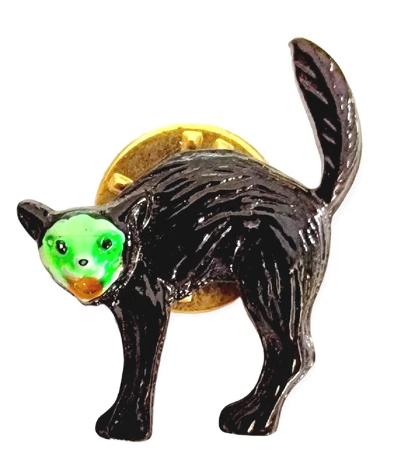Black Cat Pin Green Goblin Face Hissing Scared Body Metal Enamel