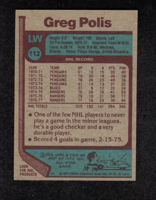 1977-78 TOPPS #112 Greg Polis Rangers de New York LNH carte hockey EX ...