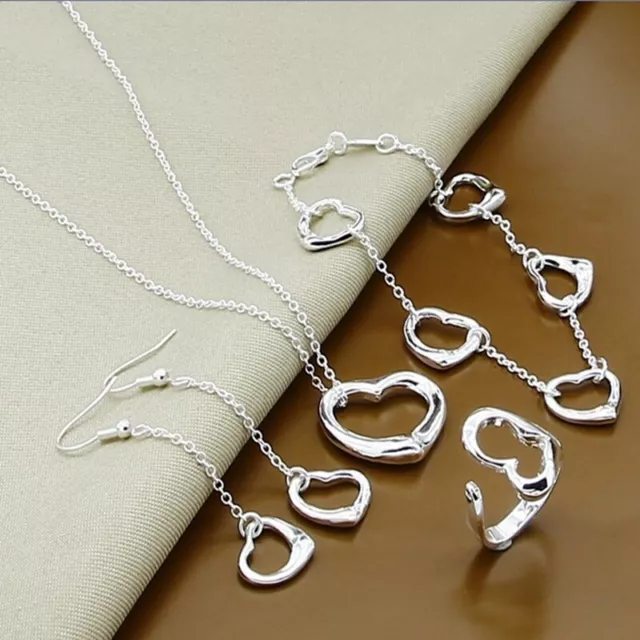 Women's 925 Sterling Silver Heart Bracelet Necklace Earrings Ring Jewellery Sets