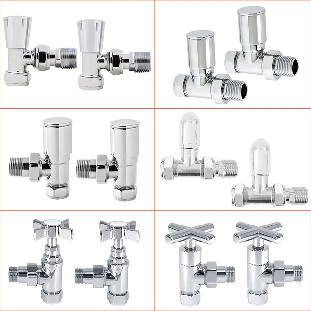 PAIR ANGLED STRAIGHT Heated Towel Rail Radiator Manual Valves 15mm x 1/