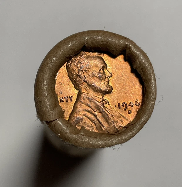1946 D Red BU UNC Wheat Cent & Indian Head Penny Old Estate Bank Wrapped.Roll