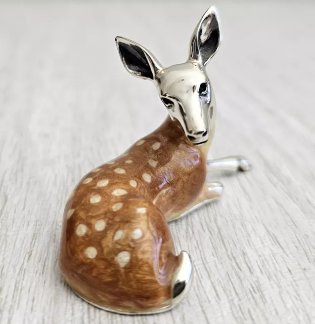 SATURNO Deer Fawn 925 Sterling Silver & Enamel Miniature Figurine Hallmarked
