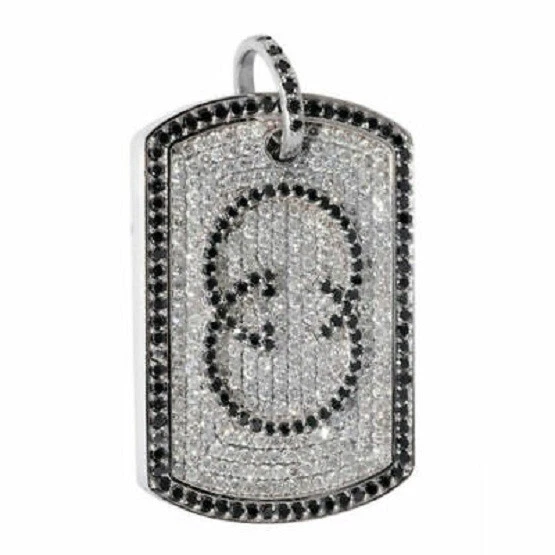 2Ct Round Cut White/Black Diamond Dog Tag Pendant 14K White Gold Over Free Chain