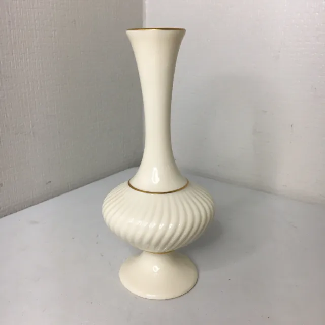 Vintage Lenox Ribbed Bud Vase Ivory with  Gold Trim USA Made 7" Flower Decore