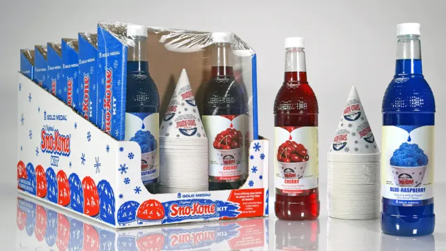 Sno-Kone Kit with Cherry & Blue Raspberry Syrups 50 Cups Bulk 6 Count Case